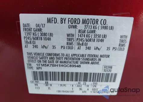 2017 Ford Explorer from USA, damaged, VIN 1FM5K7BH1HGC89948